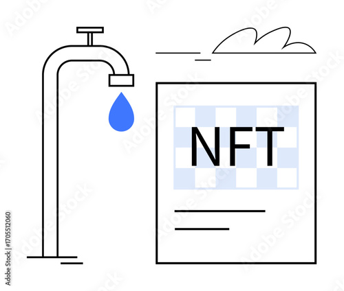 Faucet dripping water near an NFT document, symbolizing digital asset scarcity and blockchain uniqueness. Ideal for blockchain, NFT, technology, scarcity, innovation, digital economy, simple flat