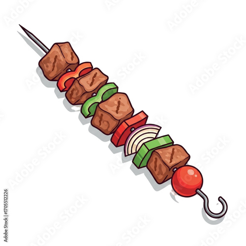 Delicious Beef and Vegetable Skewer on White Background.