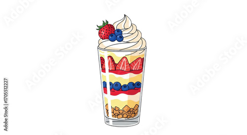 Delicious Berry Parfait Dessert with Whipped Cream and Fresh Fruit.