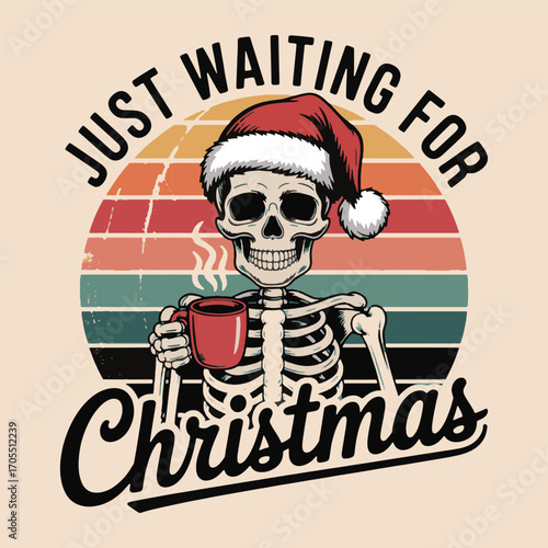 Funny Skeleton Christmas Illustration with Santa Hat and Coffee Mug Vintage Retro Design