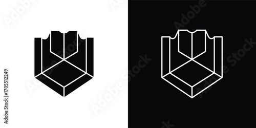 A modern shield-shaped vector illustration icon with a minimalist geometric style. This design features a symmetrical shape resembling a flower or abstract symbol, available in both solid and outline 