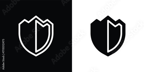 A modern shield-shaped vector illustration icon with a minimalist geometric style. This design features a symmetrical shape resembling a flower or abstract symbol, available in both solid and outline 