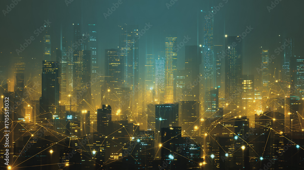 Fototapeta premium Night lights, a city of modern business and smart digital innovation with a network of interconnected rewards over the cityscape of the future smart wireless digital city and social media network 
