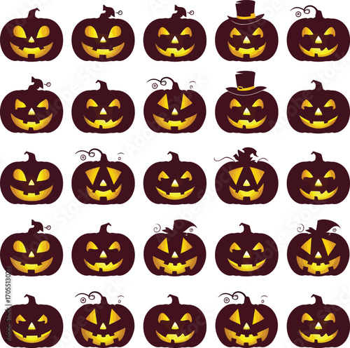 Vector art of collection of halloween pumpkins set of festive pumpkins with scary faces for party decoration and design jack olantern