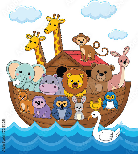 Noah’s Ark cartoon with cute animals, giraffes, elephant, lion, bear, monkey, rabbit, hippo, owl, duck, swan, clouds, water, kids illustration