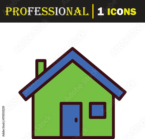 Vector art of a simple green house icon with a blue roof and door, isolated on a, representing home and real estate
