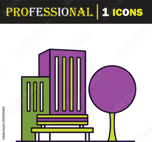 Vector art of stylized illustration of a modern building with a bench and a round tree