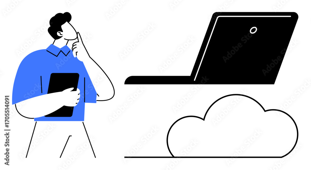 custom made wallpaper toronto digitalPerson thinking, holding tablet near laptop and cloud. Ideal for technology, cloud computing, innovation, connectivity, remote work, data storage strategy. Minimalist flat metaphor