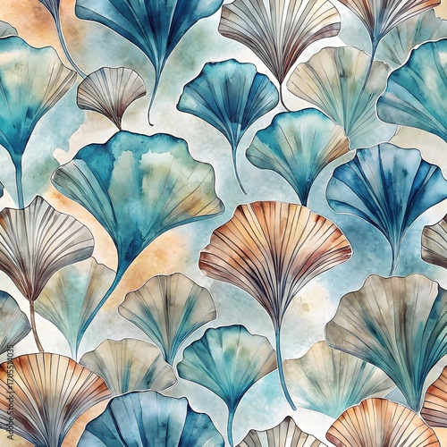Wallpaper Mural Seamless watercolor pattern of ginkgo biloba leaves. Tranquil blue and orange botanical background. Elegant nature illustration for modern textile and wallpaper design. Torontodigital.ca