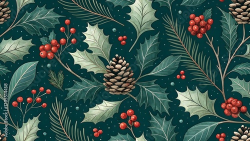 Festive Holiday Pattern with Holly Berries Pine Cones and Evergreen Branches in Teal and Red Tones for Christmas