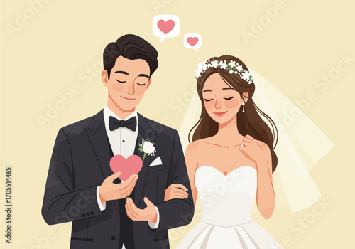 Romantic image of a smiling married couple in a suit and dress celebrating their happiness together