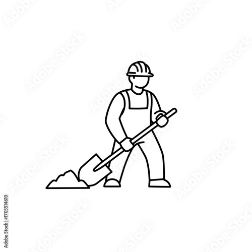 Construction worker with shovel and dirt pile, manual labor and hard work concept