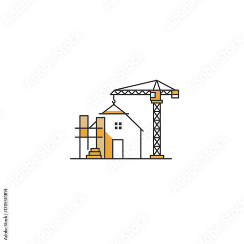 Vector line art icon of a house under construction with a tower crane, symbolizing real estate development