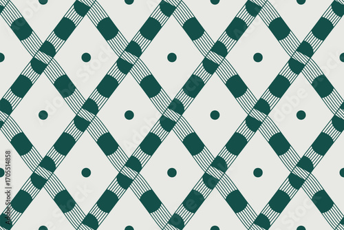 A repeating pattern of dark green lines and circles on a white background forming diamond shapes