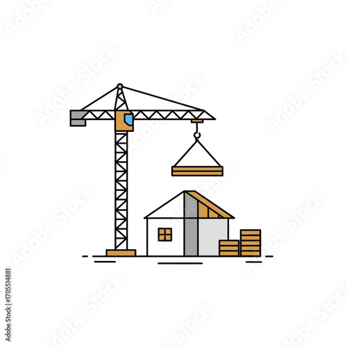 Line art illustration of a building crane constructing a house on a real estate development site