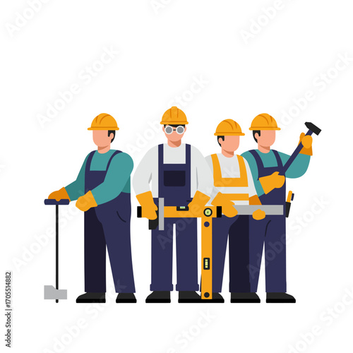Team of professional construction workers with tools ready for building and renovation