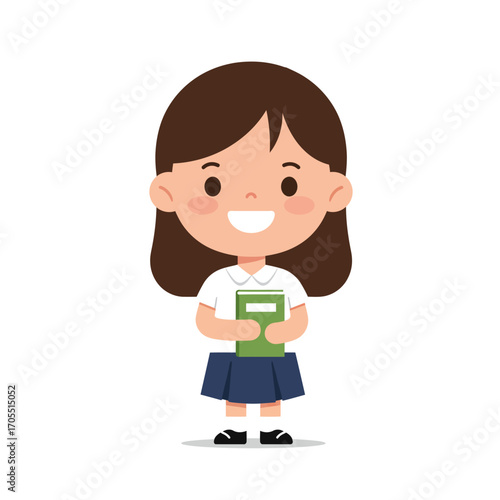 Adorable little student girl in a school uniform holding a book and smiling happily for education