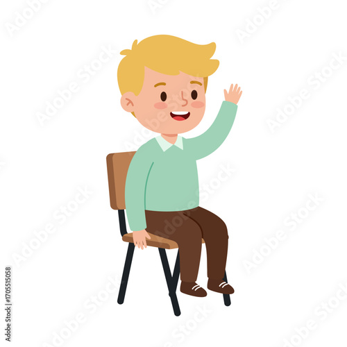 Happy Blonde Child Sitting and Actively Raising Hand - Enthusiastic Kid in Class