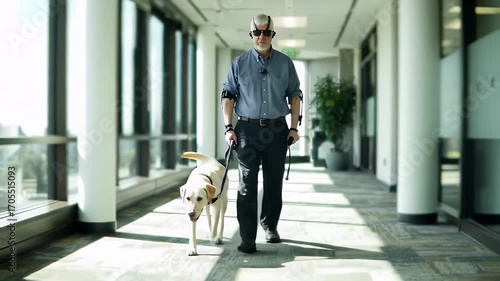 Blind man with guide dog in office.