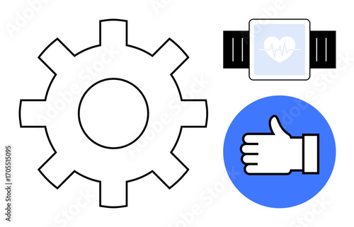 Gear symbolizing system optimization, smartwatch with heart monitoring for health, and a thumbs-up icon indicating approval. Ideal for technology, health, innovation, feedback, productivity