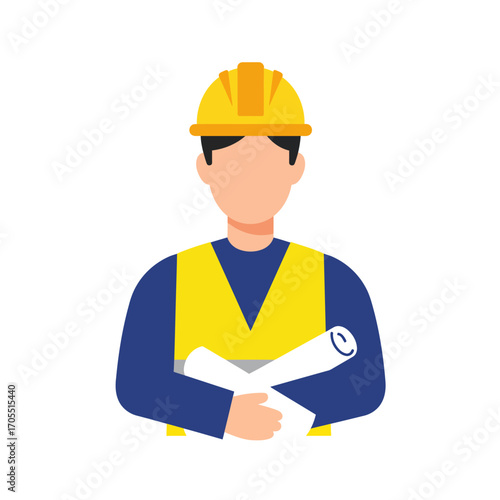 Vector illustration of a professional construction engineer or foreman holding building blueprints