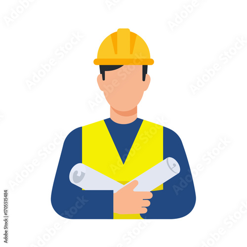 Professional male construction engineer holding building plans, ready for site management or project development