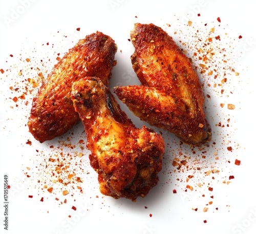 Three seasoned chicken wings, slightly overlapping, atop a white background.  The wings are golden-brown, with a reddish-brown spice coating.  A sprinkle of red and orange spices covers the background
