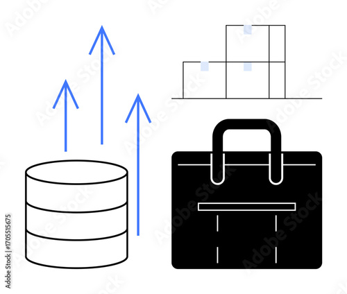 Stack of database discs, upward arrows, stacked packages, and a briefcase signify growth, data management, business logistics, and strategic planning. Ideal for technology, business growth