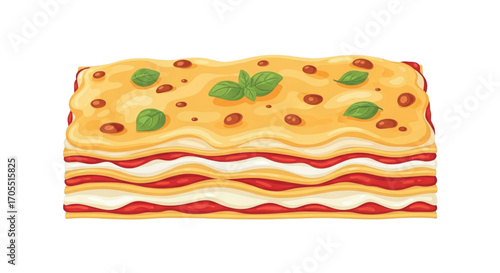 Delicious Lasagna Slice with Fresh Basil Topping.