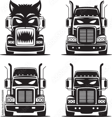 Four Black Silhouette Trucks With Monster Face And Eyes Designs semi-truck tractor-trailer