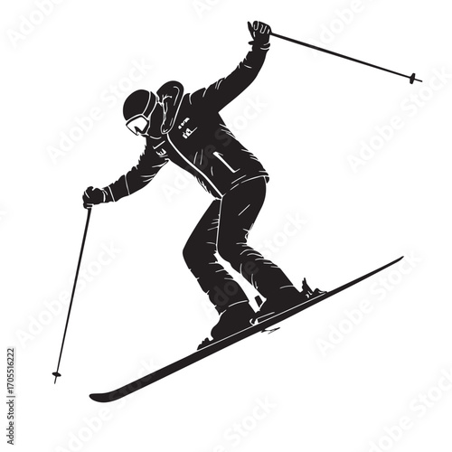 Black skiing Silhouette Vector, High Quality Illustration on White Background