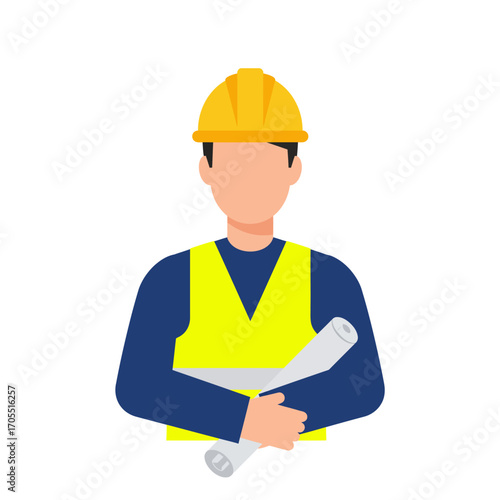 Illustration of an engineer with a yellow safety vest and helmet holding blueprints, flat design