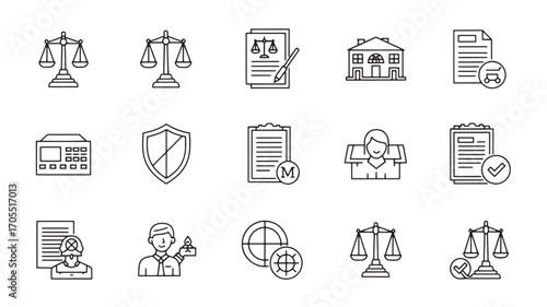 Law, Justice, Legal Icons Outline Vector Illustration Set