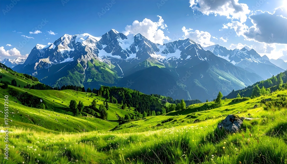 Obraz premium Majestic Mountain Landscape with Lush Green Meadow and Snow-Capped Peaks.