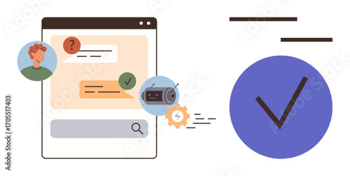 Chat interface with user, messages, and chatbot icon. Blue checkmark signifies verification. Ideal for AI, communication, tech support, automation privacy messaging productivity. Simple flat