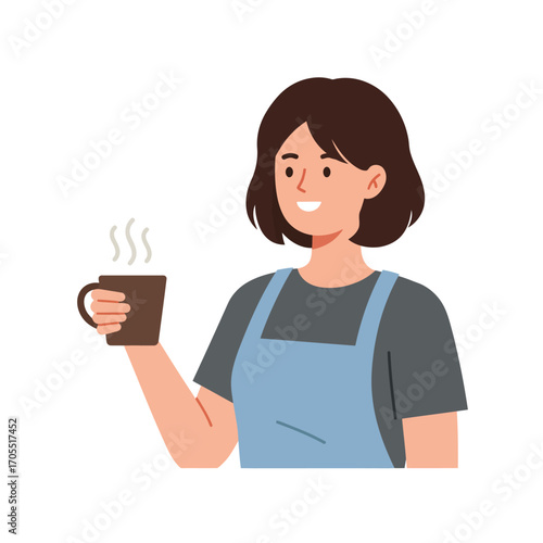 A smiling young woman wearing an apron enjoys a moment of calm with a steaming hot cup of coffee
