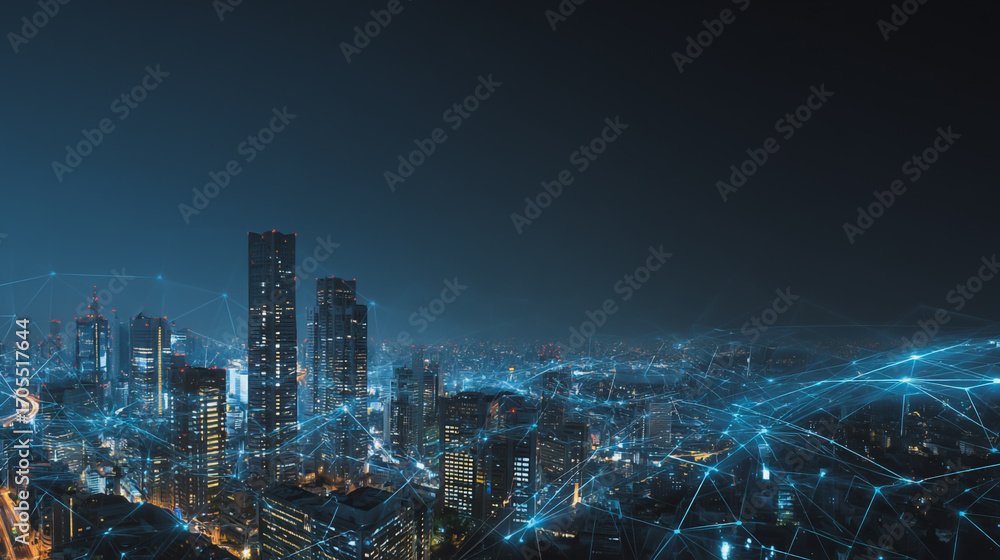 Fototapeta premium Night lights, a city of modern business and smart digital innovation with a network of interconnected rewards over the cityscape of the future smart wireless digital city and social media network