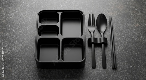 A black bento box with compartments sits next to a fork, spoon, and chopsticks on a textured gray surface.