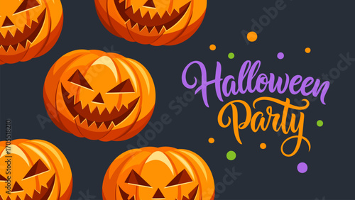 Halloween Party. Hand lettering and scary halloween pumpkins. Festive graphic design for spooky holiday greetings and invitations. Vector illustration.