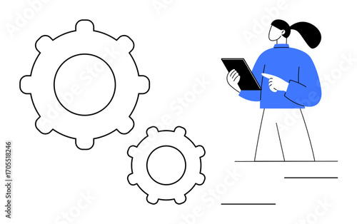 Woman with tablet pointing to mechanisms while standing by large gears. Ideal for teamwork, productivity, engineering, analysis, innovation, manufacturing, simple landing page