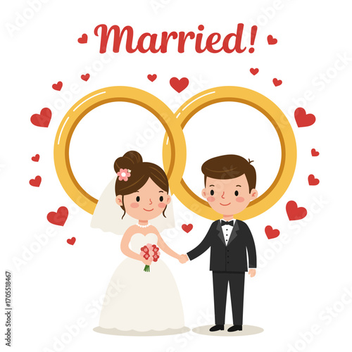Happy wedding couple with bouquet and wedding rings