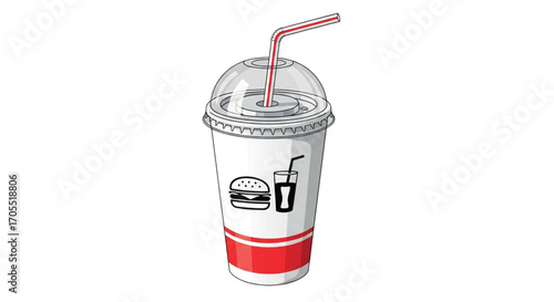 Disposable cup with soda and burger illustration.