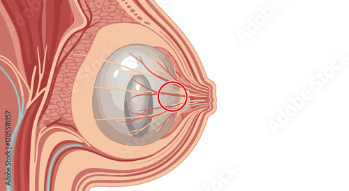 Detailed anatomical illustration of the human eye with highlighted optic nerve and blood vessels