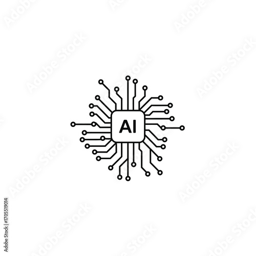 Artificial intelligence AI processor chip icon in line style. Technology, neural network concept
