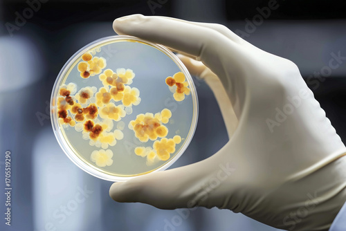 Petri dish with Candida auris colonies held by gloved hand in laboratory. Sharp close-up in clinical setting, ideal for medical training, microbiology materials, or scientific presentations