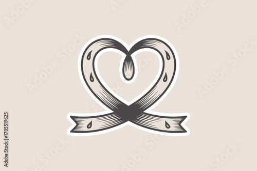 Illustration of a ribbon forming a heart shape with small teardrop details on a light background