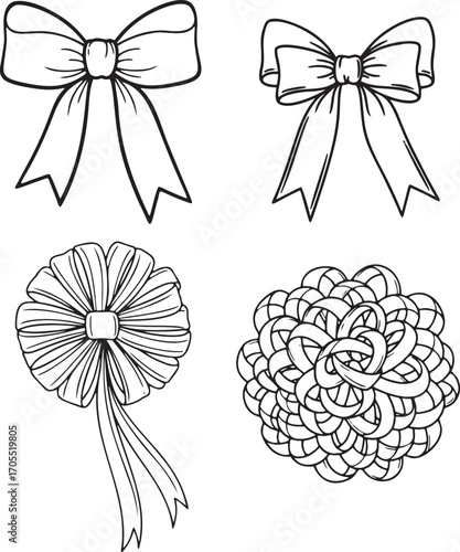 Vector set of ribbon bows and rosette outlines for decoration