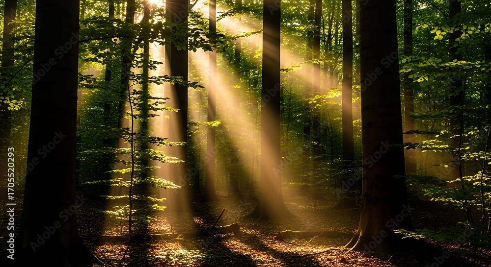 Obraz premium Sunlight Filtering Through Forest Canopy.