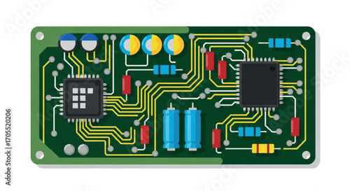 Electronic circuit board with microchips and components.