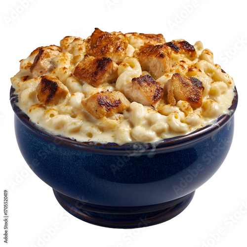 Delicious chicken mac and cheese bowl on transparent background